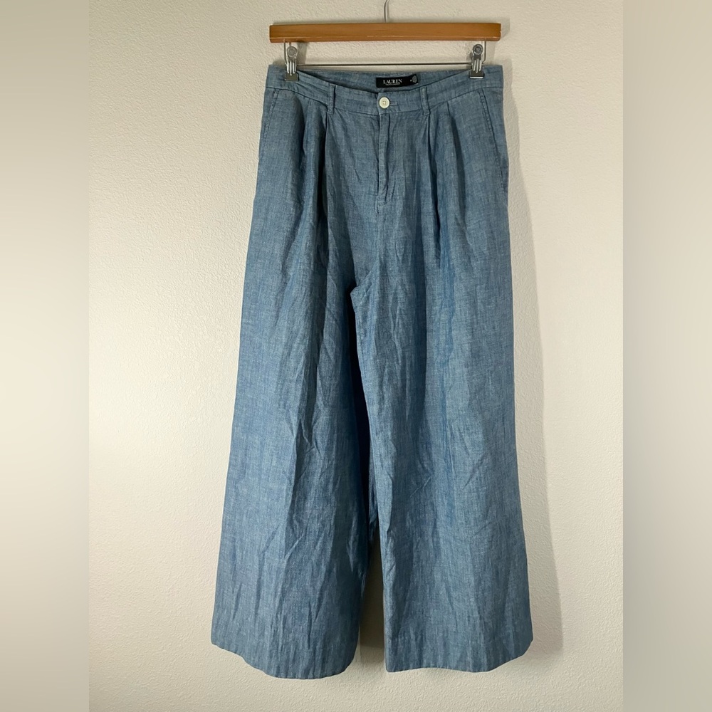LAUREN RL Wide Leg Chambray Trouser Pants Size 10 Pleated Old Money Heritage - Picture 10 of 10